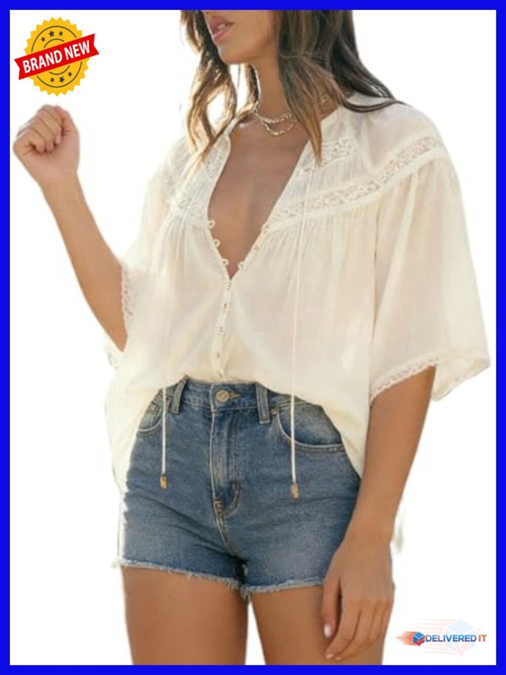 Women's Boho Tie Front Lace Blouse Flowy Chiffon Peplum 3/4 Bell Sleeve